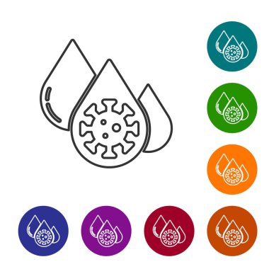 Siyah çizgi kan testi ve virüs molekülü koronavirüs ikonu beyaz arka planda izole edildi. Coronavirus, COVID-19. 2019-NCoV. Simgeleri renk daire düğmelerine ayarla. Vektör..