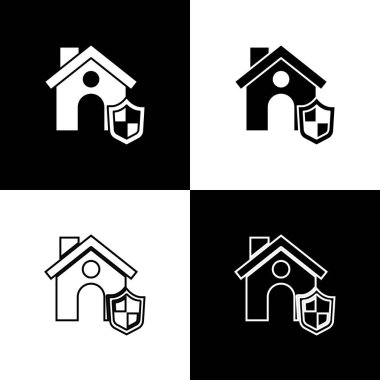 Beyaz ve siyah arkaplanda House 'u kalkan simgesi ile izole et. Sigorta konsepti. Güvenlik, güvenlik, koruma, konsept koruma. Vektör..