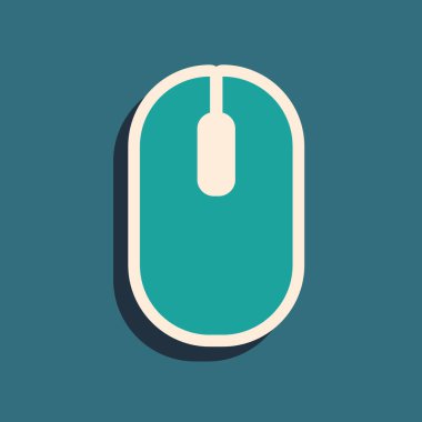 Yeşil Bilgisayar faresi simgesi yeşil arkaplanda izole edildi. Tekerlek sembollü optik. Uzun gölge tarzı. Vektör.