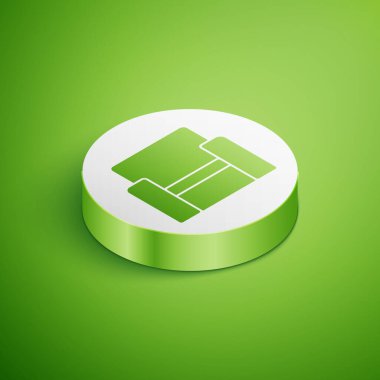 Isometric Cinema sandalye simgesi yeşil arkaplanda izole edildi. Beyaz daire düğmesi. Vektör.