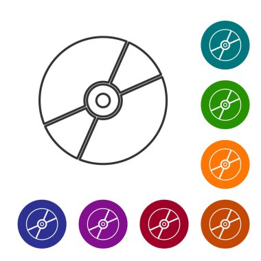 Beyaz arkaplanda siyah çizgi CD veya DVD disk simgesi izole edildi. Küçük disk işareti. Simgeleri renk daire düğmelerine ayarla. Vektör.