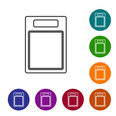 Siyah çizgi kesme tahtası simgesi beyaz arkaplanda izole edildi. Kesme tahtası sembolü. Simgeleri renk daire düğmelerine ayarla. Vektör.