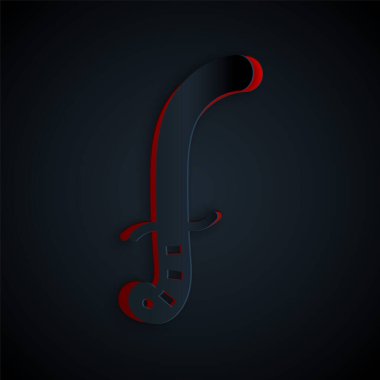 Kağıt kesiği Ortaçağ kılıç simgesi siyah arka planda izole edilmiş. Ortaçağ silahı. Kağıt sanatı tarzı. Vektör.