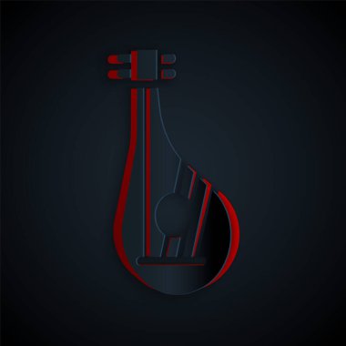 Kağıt kesiği Ukrayna geleneksel müzik aleti bandura simgesi siyah zemin üzerinde izole. Kağıt sanatı tarzı. Vektör.