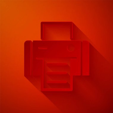 Kağıt kesiği Yazıcı simgesi kırmızı arkaplanda izole edildi. Kağıt sanatı tarzı. Vektör.