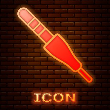 Parlayan neon ses kriko simgesi tuğla duvar arka planında izole edildi. Bağlantı ses ekipmanları için ses kablosu. Fiş kablosu. Müzik aleti. Vektör.