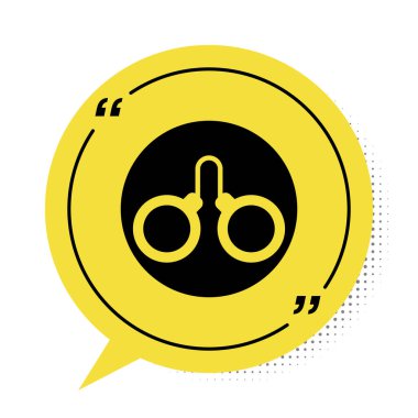 Beyaz arkaplanda siyah kelepçe simgesi var. Sarı konuşma balonu sembolü. Vektör.