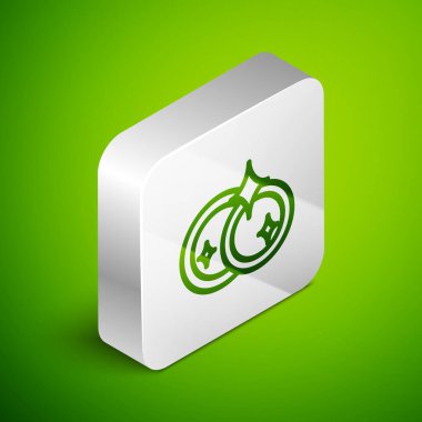 Isome hattı bulaşık yıkama simgesi yeşil arka planda izole edilmiş. Bulaşık yıkama ikonu. Bulaşık makinesi tabelası. Masa takımı tabelası temiz. Gümüş kare düğme. Vektör İllüstrasyonu.