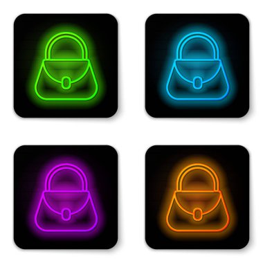 Parlayan neon hat el çantası simgesi beyaz arkaplanda izole edildi. Kadın el çantası işareti. Glamour günlük bagaj sembolü. Siyah kare düğme. Vektör İllüstrasyonu.