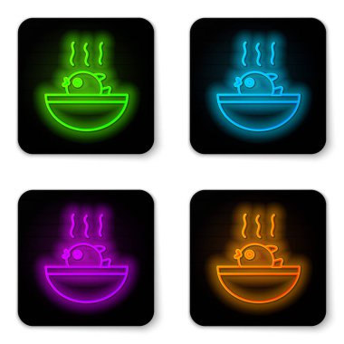 Parlayan neon hattı kirpi balığı çorbası ikonu beyaz arkaplanda izole edilmiş. Fugu balığı Japon kirpi balığı. Siyah kare düğme. Vektör..