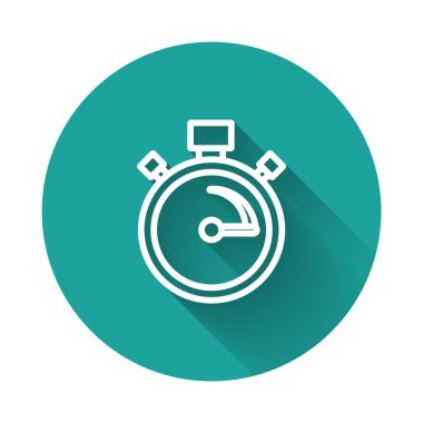 Beyaz çizgi Stopwatch simgesi uzun gölgeli izole edildi. Zaman göstergesi. Kronometre işareti. Yeşil daire düğmesi. Vektör.