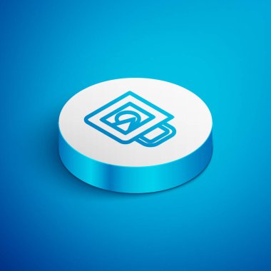 Isometric line kahve fincanı ikonu mavi arka planda izole edilmiş. Baskıyı kaldır. Beyaz daire düğmesi. Vektör.