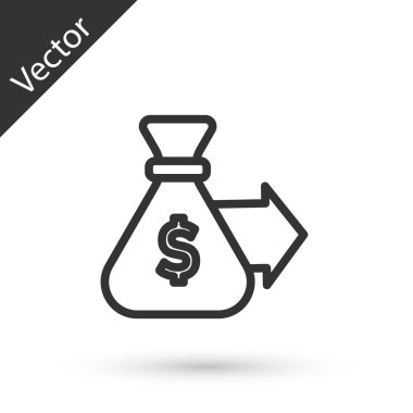 Gri çizgi Para Çantası simgesi beyaz arkaplanda izole edildi. Dolar ya da USD sembolü. Nakit bankacılık tabelası. Vektör.