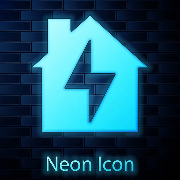 Leuchtende Neon Haus Und Blitz Symbol Isoliert Auf Backsteinwand Hintergrund — Stockvektor