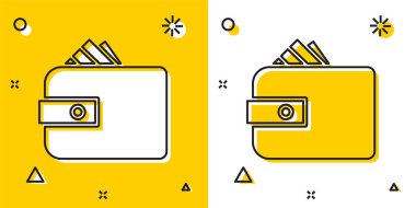 Yığınla para destesi olan siyah cüzdan sarı ve beyaz arka planda izole edilmiş nakit para ikonu. Çanta ikonu. Nakit tasarruf sembolü. Rastgele dinamik şekiller. Vektör İllüstrasyonu.