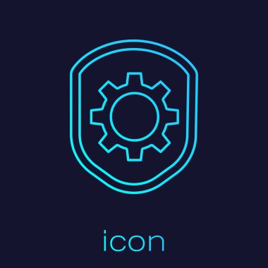 Mavi arkaplanda izole edilmiş ayarlar dişli ikonu olan turkuaz hat kalkanı. Ayarlama, servis, bakım, onarım, onarım. Vektör İllüstrasyonu.