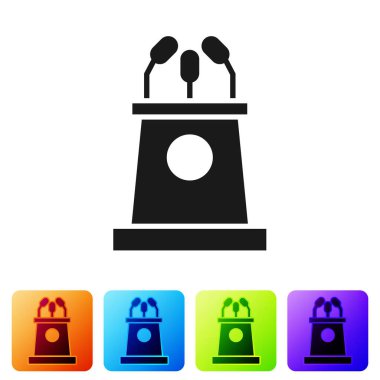 Siyah Sahne standı ya da münazara kürsüsü ikonu beyaz arka planda izole edilmiş. Konferans konuşma tribünü. Renkli kare düğmelerle simgeleri ayarla. Vektör İllüstrasyonu.