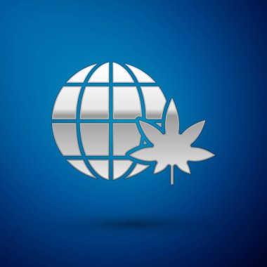 Gümüş Legalize marihuana veya kenevir küresi sembolü mavi arka planda izole. Kenevir sembolü. Vektör İllüstrasyonu.