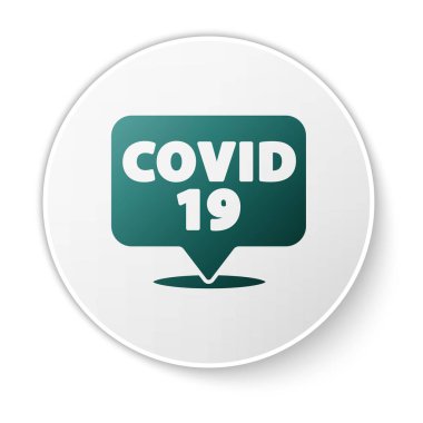 Yeşil Corona virüsü 2019-nCoV beyaz arka planda izole edilmiş konum simgesi. Bakteri ve mikroplar, hücre kanseri, mikrop, mantar. Beyaz daire düğmesi. Vektör..