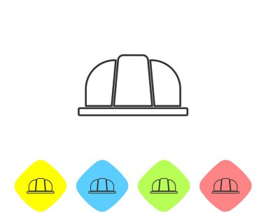Gri çizgili İşçi Kaskı simgesi beyaz arka planda izole edildi. Sigorta konsepti. Güvenlik, güvenlik, koruma, konsept koruma. Renkli eşkenar dörtgen düğmelerine simgeleri yerleştir. Vektör..
