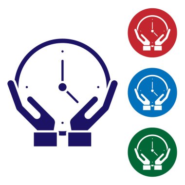 Mavi Saat simgesi beyaz arkaplanda izole edildi. Zaman sembolü. Renkli kare düğmelerle simgeleri ayarla. Vektör.