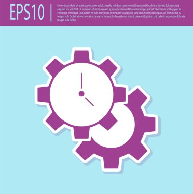 Retro mor Zaman Yönetimi simgesi turkuaz arka planda izole edildi. Saat ve vites tabelası. Üretkenlik sembolü. Vektör.