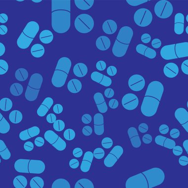 Mavi Diş Ağrısı kesici tablet ikonu mavi arka planda izole edilmiş pürüzsüz desen. Diş bakımı ilacı. Kapsül hapı ve ilaç. Eczane tasarımı. Vektör.