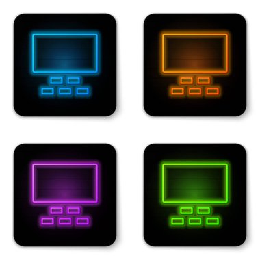 Parlak neon sinema salonu ekranı ve beyaz arka planda izole edilmiş koltuk ikonu. Siyah kare düğme. Vektör.