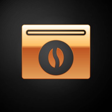 Siyah arkaplanda altın kahve torbası simgesi var. Vektör.