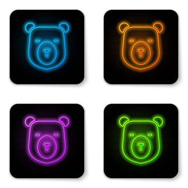 Parlayan neon ayı baş simgesi beyaz arkaplanda izole edildi. Siyah kare düğme. Vektör.