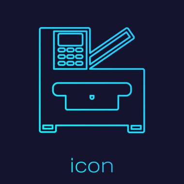 Turkuaz hat Ofis çoklu işlevli yazıcı kopyalama makinesi simgesi mavi arkaplanda izole edildi. Vektör.