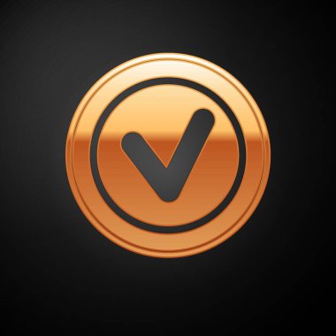 Siyah arkaplanda izole edilmiş yuvarlak simgedeki altın kontrol işareti. Kontrol listesi düğmesi işareti. Vektör.