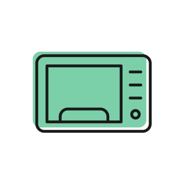Parlayan neon mikrodalga fırın ikonu tuğla duvar arka planında izole edilmiş. Ev aletleri simgesi. Vektör.