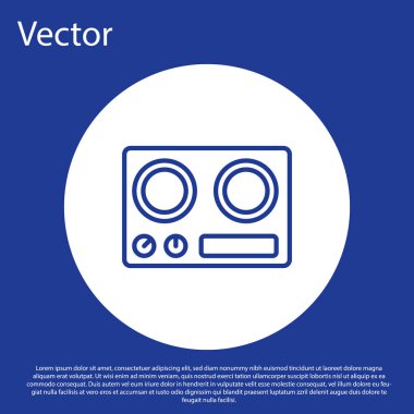 Mavi çizgi gazlı soba ikonu mavi arkaplanda izole edildi. Mutfak tabelaları. Dört daire ocağı olan bir hob. Beyaz daire düğmesi. Vektör.