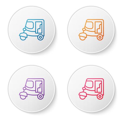 Beyaz arkaplanda izole edilmiş renkli Taxi tuk tuk simgesi. Hint oto çekçek konsepti. Delhi otomobili. Simgeleri daire düğmelerine ayır. Vektör.