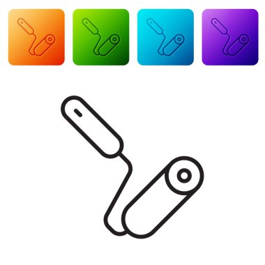 Beyaz arkaplanda siyah çizgi boyalı fırça ikonu izole edildi. Renkli kare düğmelerle simgeleri ayarla. Vektör.