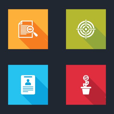 Belgeyi arama, hedef sporu, kimlik kartı ve çömlek simgesinde dolar bitkisi ile ayarla. Vektör.