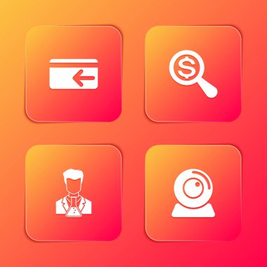 Cash 'i, büyüteç ve doları, bilim adamı test tüpünü ve web kamera ikonunu geri çek. Vektör.