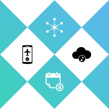 Mobil, Finansal takvim, Ağ ve Müzik yayınlama servis simgesinde Uçuş kipini ayarla. Vektör.