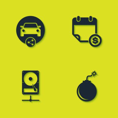 Araç paylaşımını ayarla, bomba patlamaya hazır, sabit disk sürücüsü ağda ve Finansal takvim simgesi. Vektör.