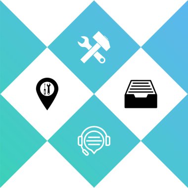 Konum servisini ayarlayın, konuşma balonu sohbetli kulaklıklar, çapraz çekiç ve anahtar ve çekmece doküman simgesi. Vektör.