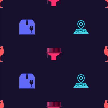 Yer Tutucu 'yu haritada ayarla, kırılgan içerikli teslimat kutusu, tarayıcı barkod taraması ve kırılgan cam parçasını pürüzsüz desen üzerine yerleştir. Vektör.