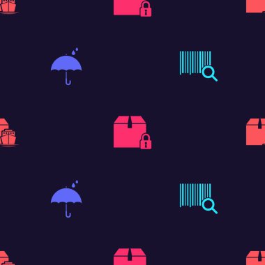 Arama barkodunu, Şemsiyeyi ve yağmur damlalarını, kilitli paketi ve kutuları kusursuz desenli kargo gemisini ayarlayın. Vektör.