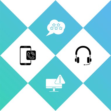 Cep telefonu görüşmesini ayarla, ünlem işaretli monitör, beş yıldızlı değerlendirme ve kulaklık simgesi. Vektör.