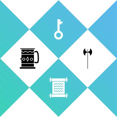 Tahta bardak, kararname, parşömen, parşömen, eski anahtar ve ortaçağ balta simgesi. Vektör.