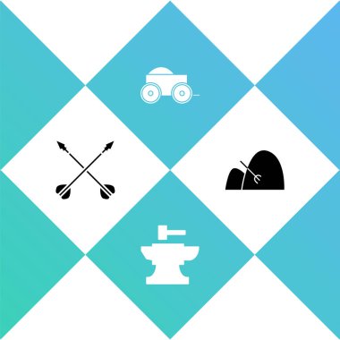 Ortaçağ çapraz okları, demirci çekici Örs, tahta dört tekerlekli araba ve saman ve tırmık ikonu Bale 'i ayarlayın. Vektör.