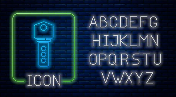 Gloeiende Neon House Sleutel Pictogram Geïsoleerd Baksteen Muur Achtergrond Neon — Stockvector