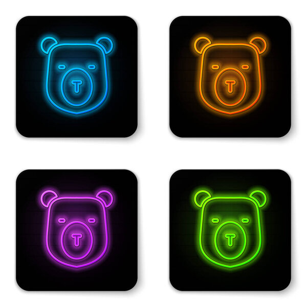 Glowing neon Bear head icon isolated on white background. Black square button. Vector.