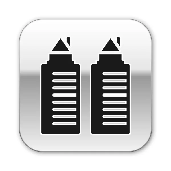 黑色两座高大的住宅塔坐落在德涅斯特河畔的德涅斯特河畔的一座图标上 背景为白色 银方按钮 — 图库矢量图片