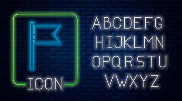 Leuchtende Neonfahne Ikone Isoliert Auf Backsteinwand Hintergrund Ortsmarkierungssymbol Neonlicht Alphabet — Stockvektor
